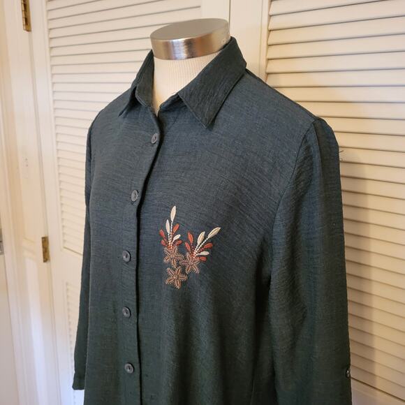 Embroidered Button Down Tunic Dress Green She Chocolate Size 3 Flowy Long Sleeve - Picture 2 of 9